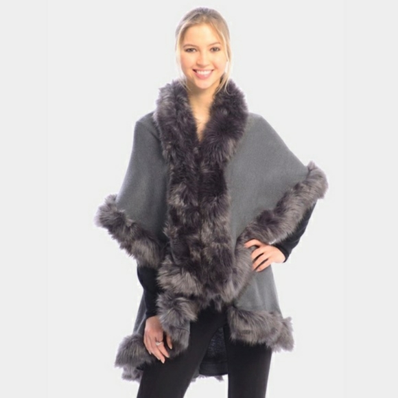 G216HC Accessories - Gray Faux Fur Half Cape Shawl Layered Poncho
